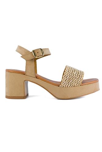 Wedge Heel Desert Beige Leather Straw Braid, LATIKA